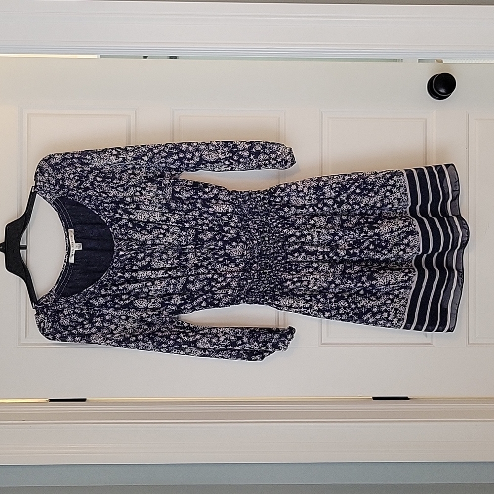 Sweet Navy/White Mini Dress with Floral and Stripe detail, Size Medium.